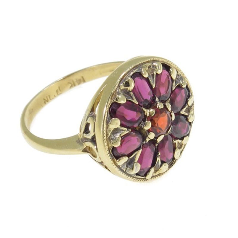 14K Rose Gold Vintage Flower Ring With A 3X5mm Oval Garnet And A 4mm Garnet In The Middle