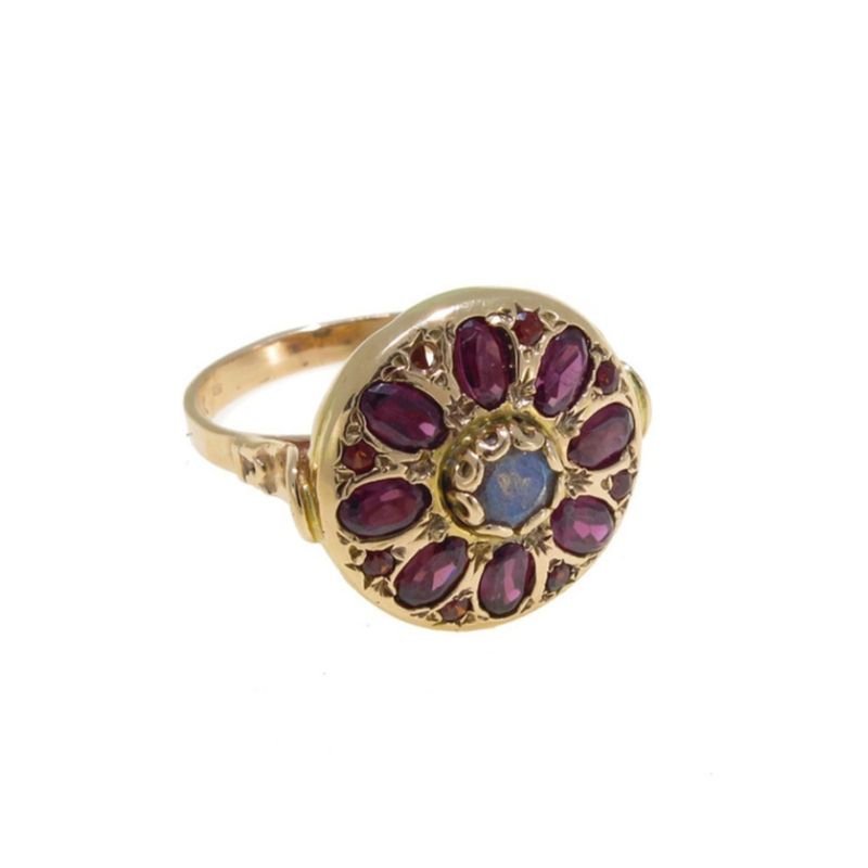 14K Rose Gold Vintage Flower Ring With A 5X3mm Oval Garnet And A 4mm Labradorite In The Middle