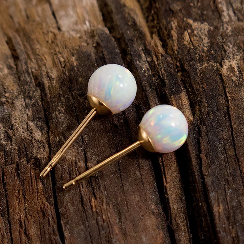 14k Solid Gold White Opal Ball Stud Earrings