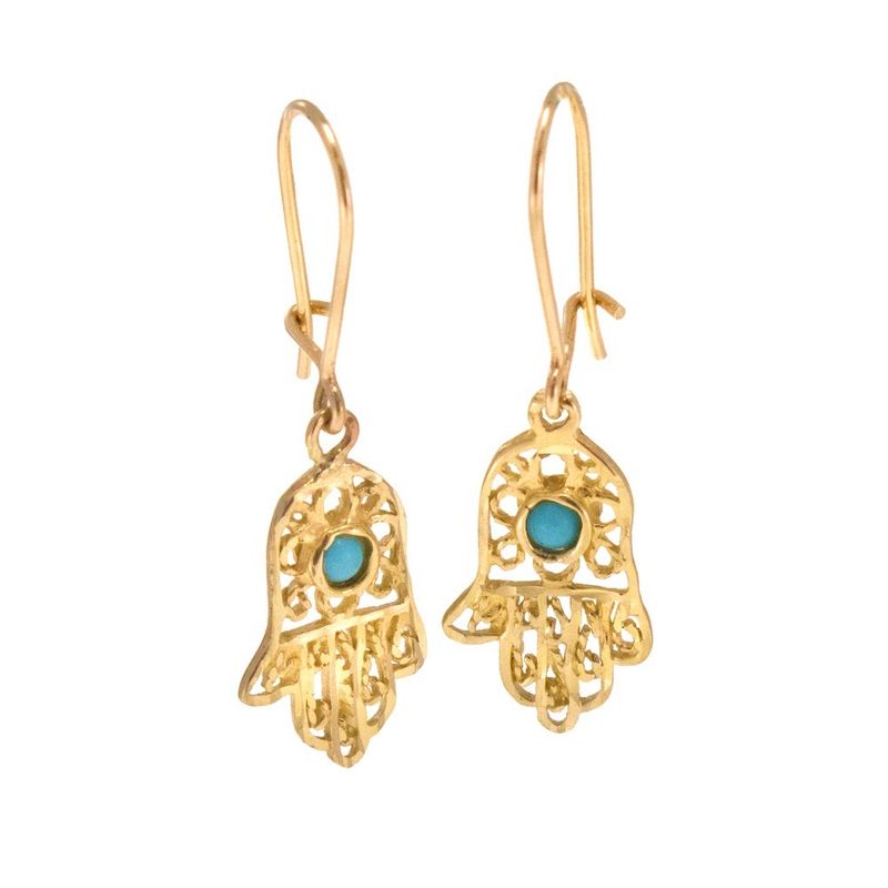 14k Solid Gold Hamsa Drop Earrings with Turquoise Gemstone