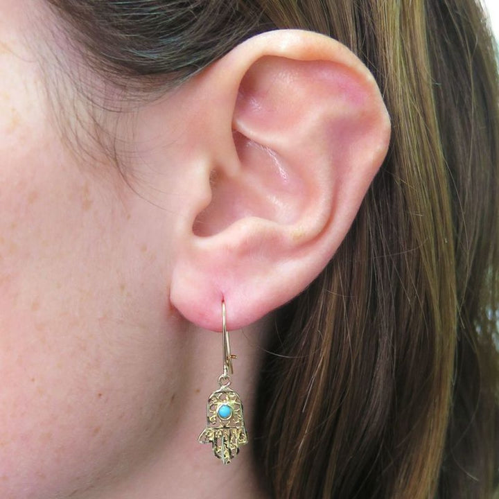 14k Solid Gold Hamsa Drop Earrings with Turquoise Gemstone