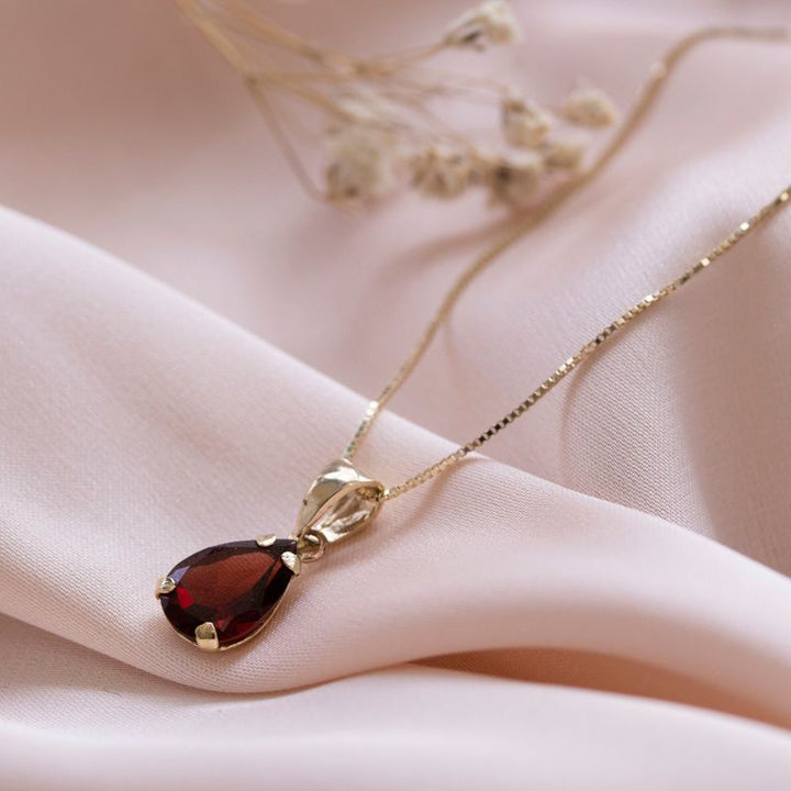 14K Yellow Gold Teaedrop Red Garnet Pendant - Lovely Necklace , Handmade 