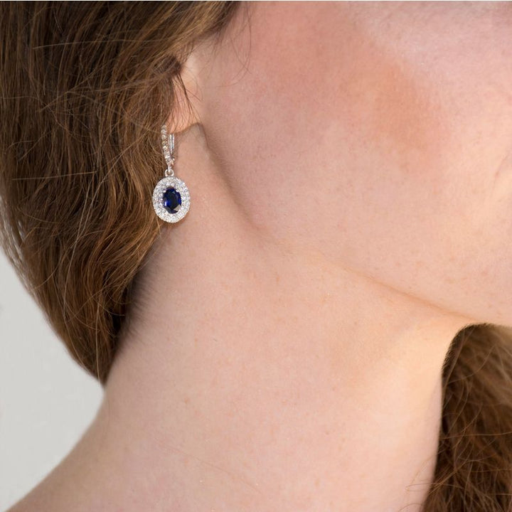 14k Solid Gold Ellipse Earrings With Dark Blue CZ Gemstone