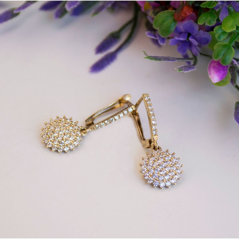 14k Solid Gold Round White CZ Gemstones Dangle Earrings