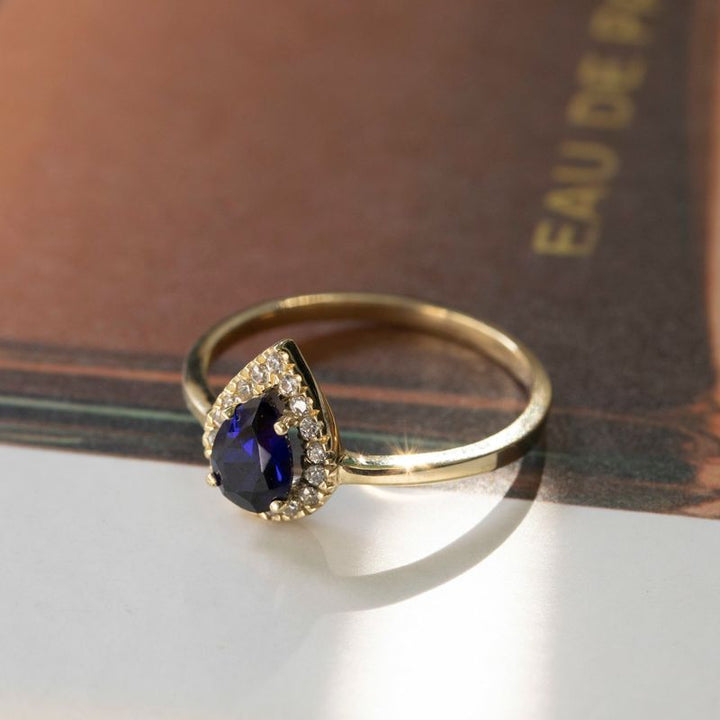 14k Solid Gold Drop Ring With Dark Blue CZ Gemstone