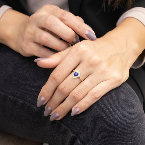 14k Solid Gold Drop Ring With Dark Blue CZ Gemstone