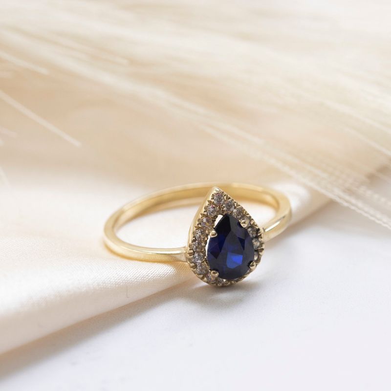 14k Solid Gold Drop Ring With Dark Blue CZ Gemstone