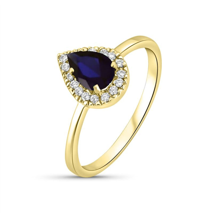 14k Solid Gold Drop Ring With Dark Blue CZ Gemstone