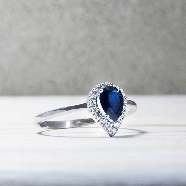 14k Solid Gold Drop Ring With Dark Blue CZ Gemstone