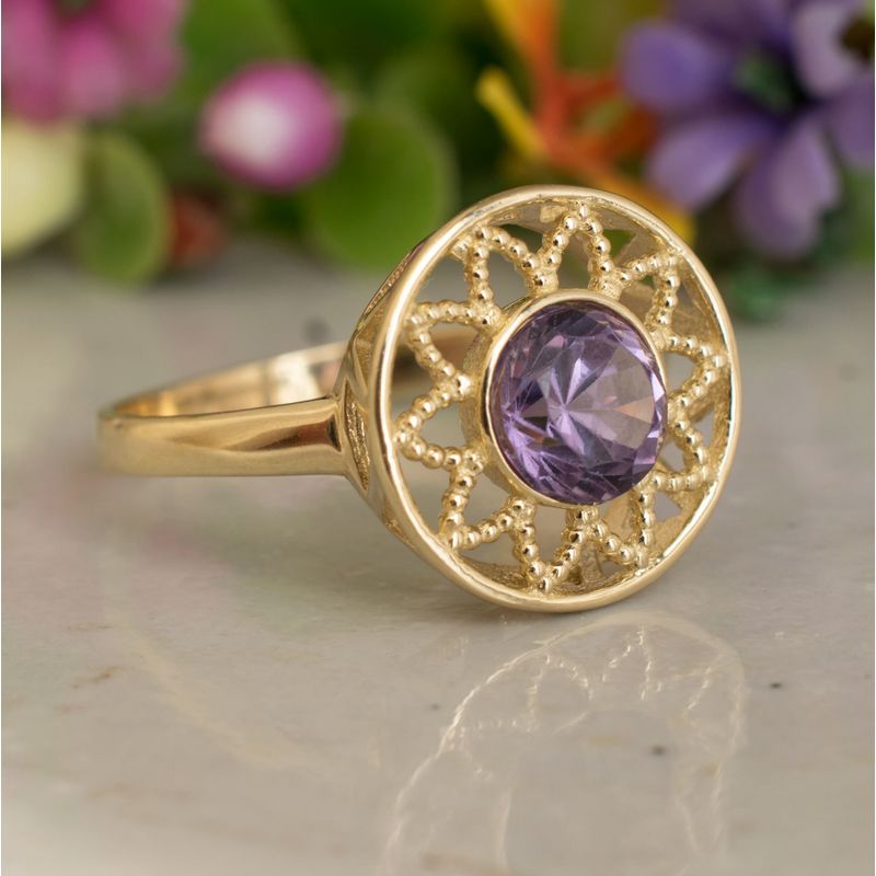 14K Yellow Gold Round Purple Amethyst Ring - Floral Ring , Handmade 