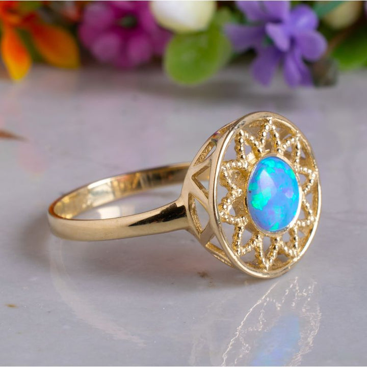 14K Yellow Gold Round Blue Opal Ring - filigree ring , Handmade 