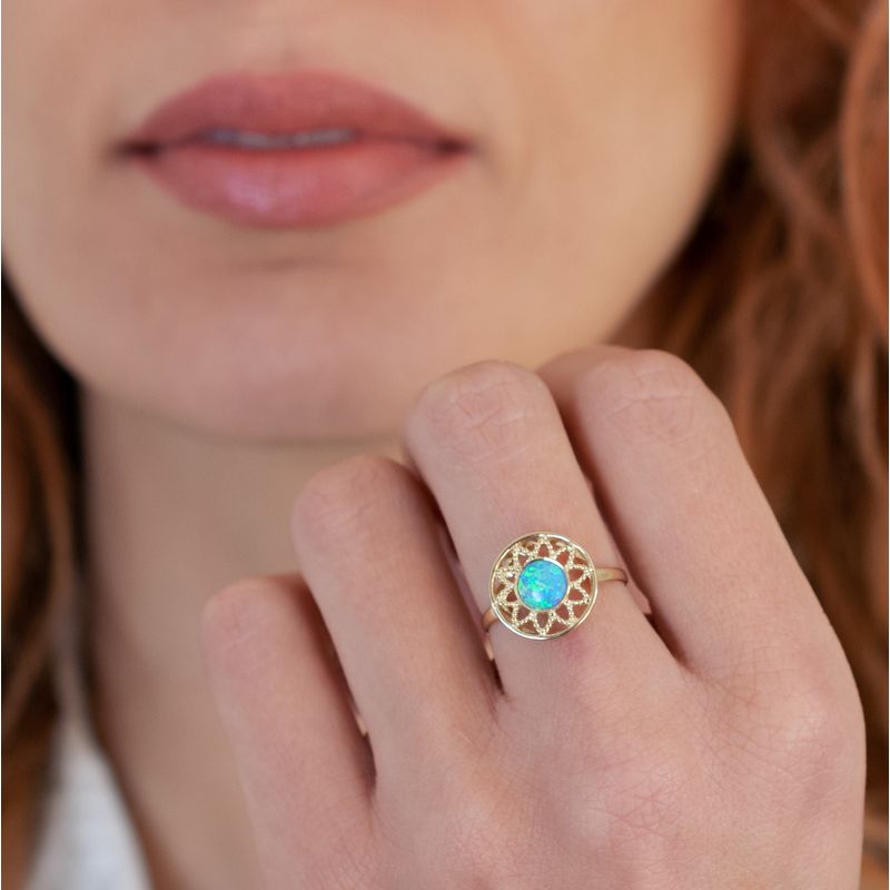 14K Yellow Gold Round Blue Opal Ring - filigree ring , Handmade 