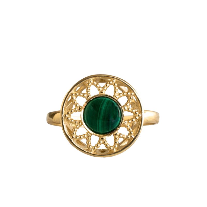 14K Yellow Gold Round Green Malachite Ring - antique ring , Handmade 