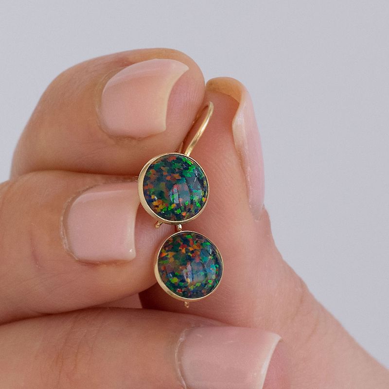 עגילים תלויים זהב 14 קראט אבן אופל