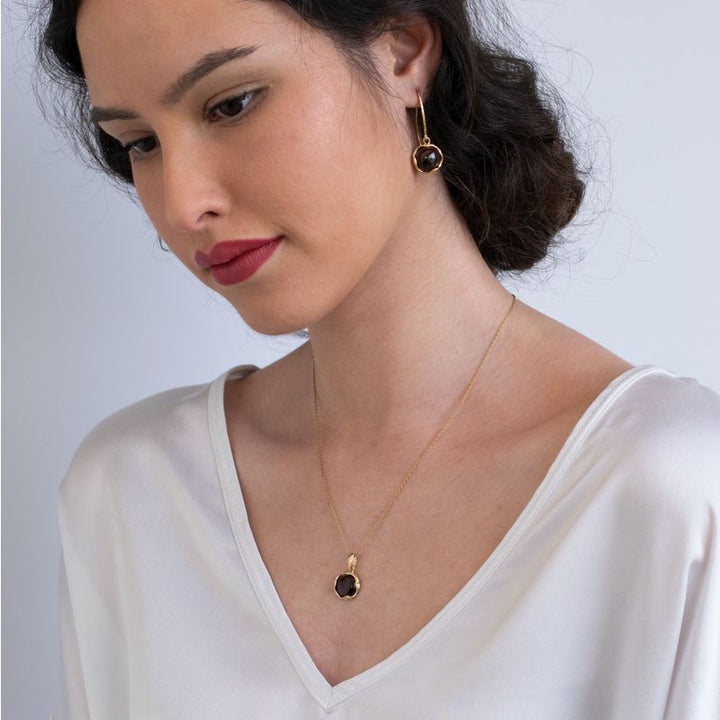 עגילים תלויים וינטג' אבן גארנט ציפוי זהב