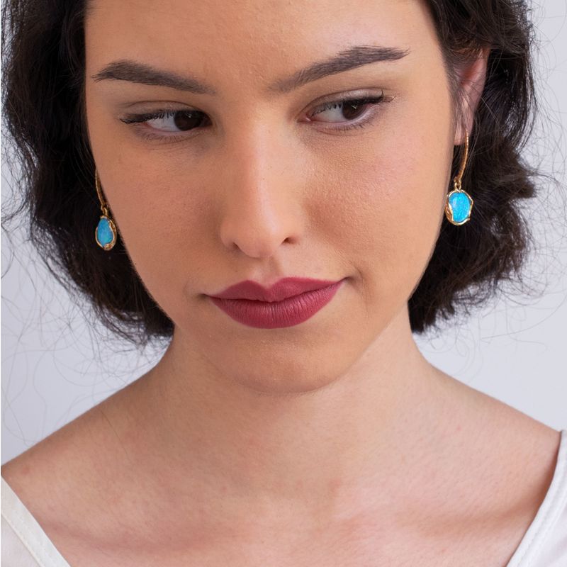 עגילים וינטג' אבן אופל כחול ציפוי זהב