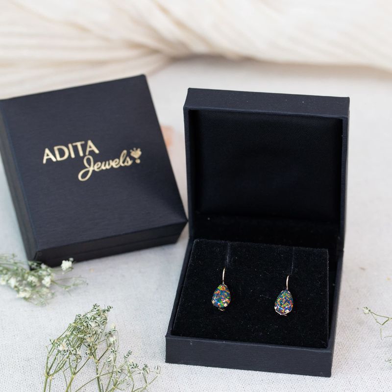 עגילי זהב 14 קראט טיפה אופל שחור