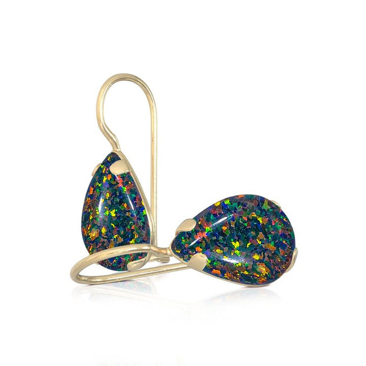 עגילי זהב 14 קראט טיפה אופל שחור