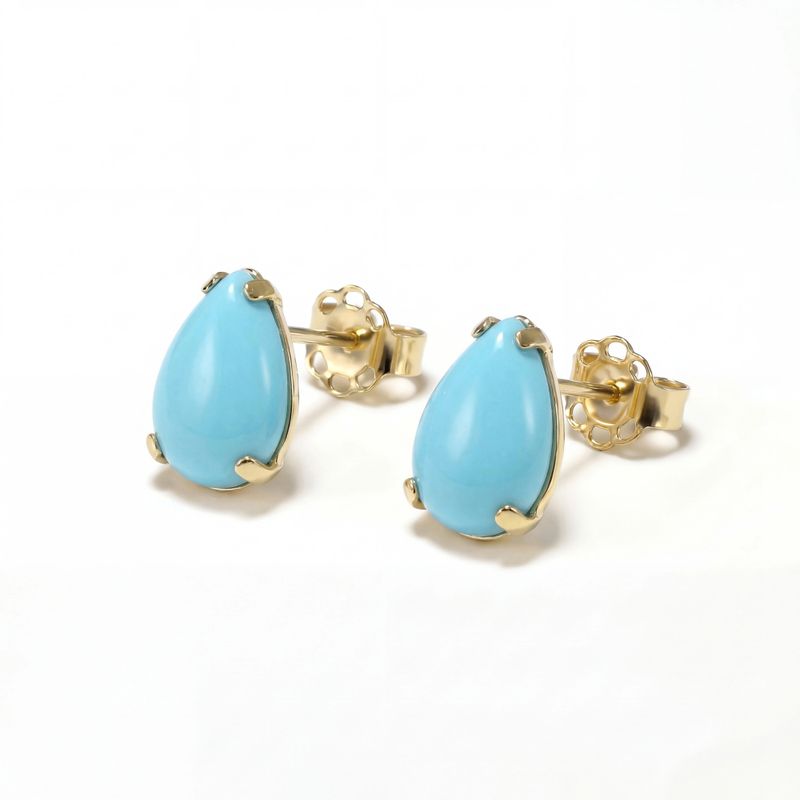 עגילי זהב צהוב 14 קראט טיפה צמודים טורקיז מלאכותי