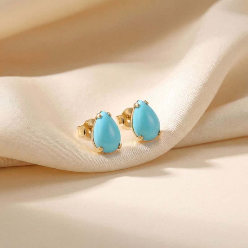 עגילי זהב צהוב 14 קראט טיפה צמודים טורקיז מלאכותי