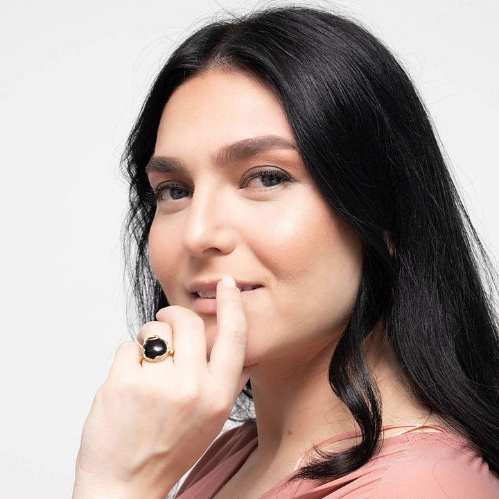 טבעת ציפוי זהב פתוחה אבן אוניקס