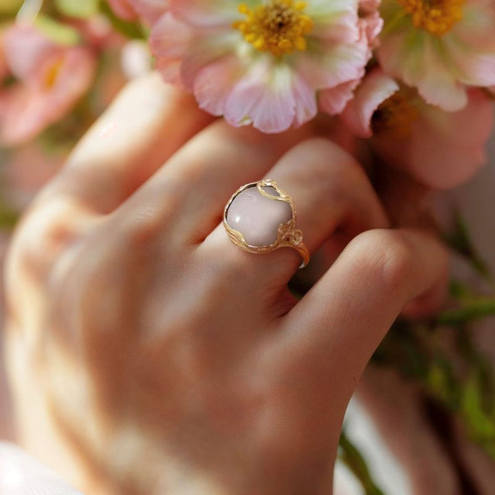 טבעת פתוחה רוזקוורץ ציפוי זהב