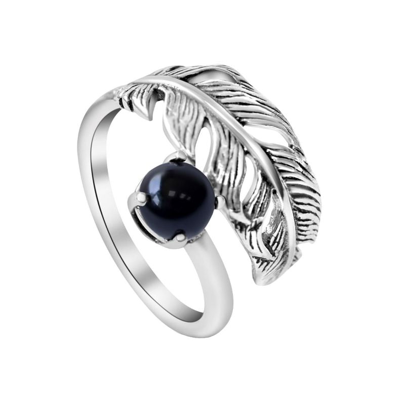 Серебряное кольцо 925 пробы с пером, открытое, с ониксовым камнем.