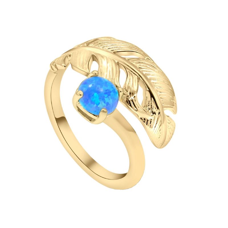טבעת מתכוונת נוצה אבן אופל כחול ציפוי זהב