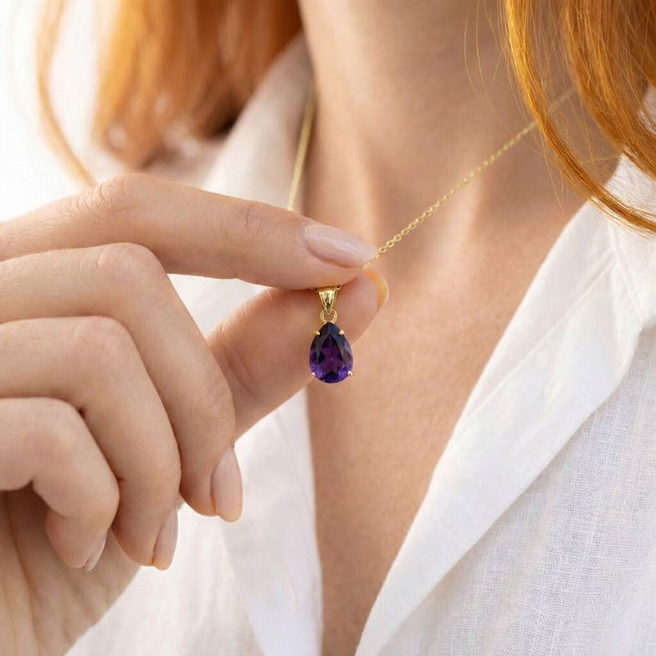 תליון טיפה קלאסי ציפוי זהב אמטיסט מלאכותי