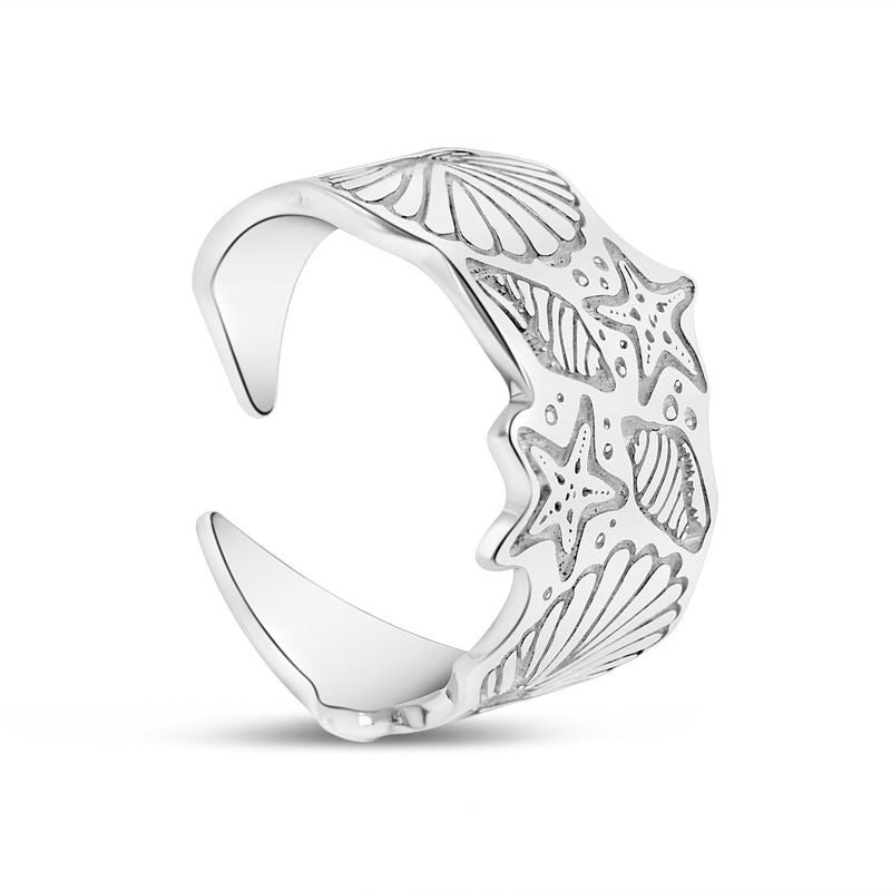 טבעת כסף פתוחה עם חריטות בצורת יצורי ים