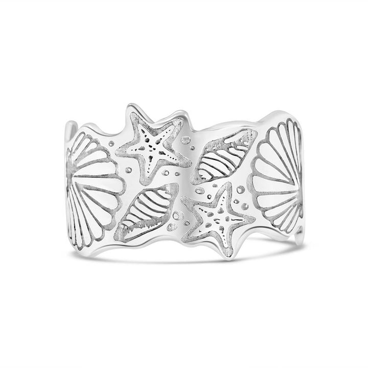 טבעת כסף פתוחה עם חריטות בצורת יצורי ים