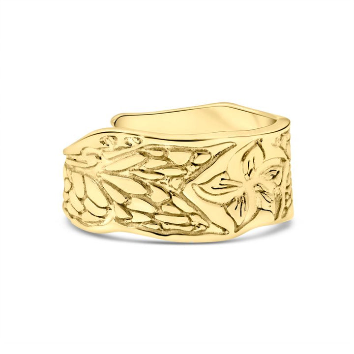 טבעת פתוחה ציפוי זהב עם עלים ופרח