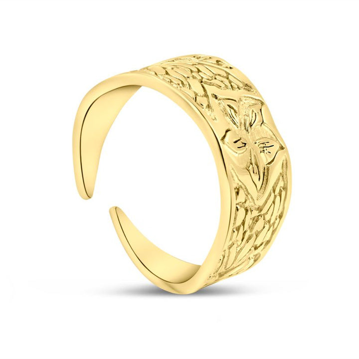 טבעת פתוחה ציפוי זהב עם עלים ופרח