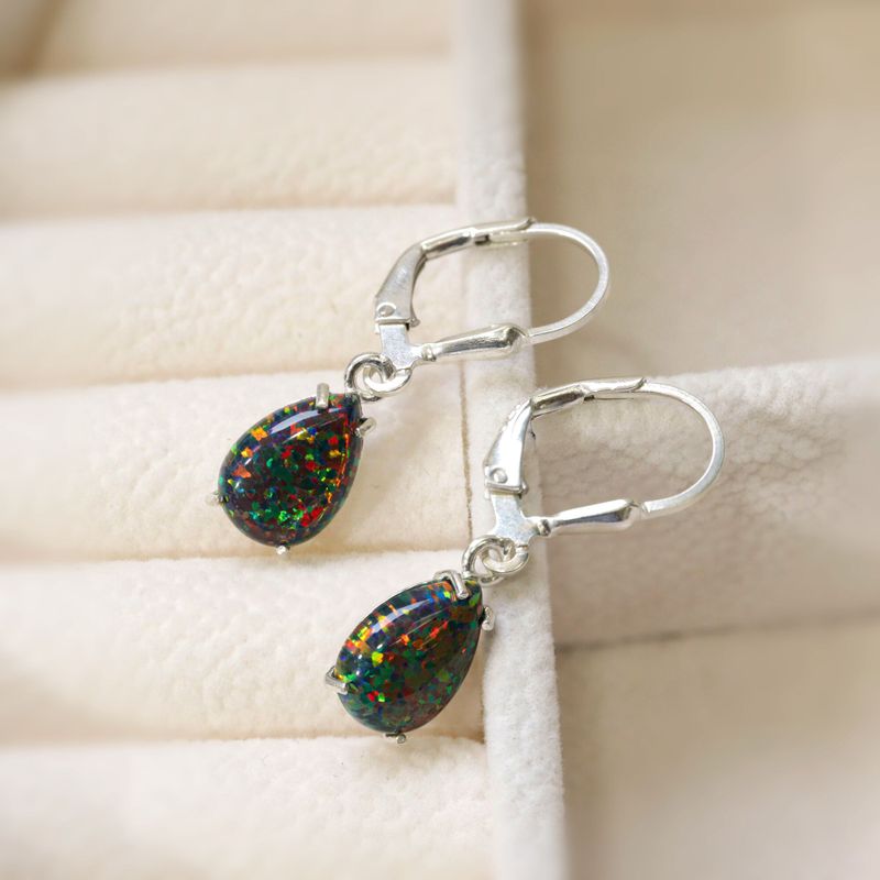 עגילי כסף אמיתי לברבק טיפה בשיבוץ אופל שחור