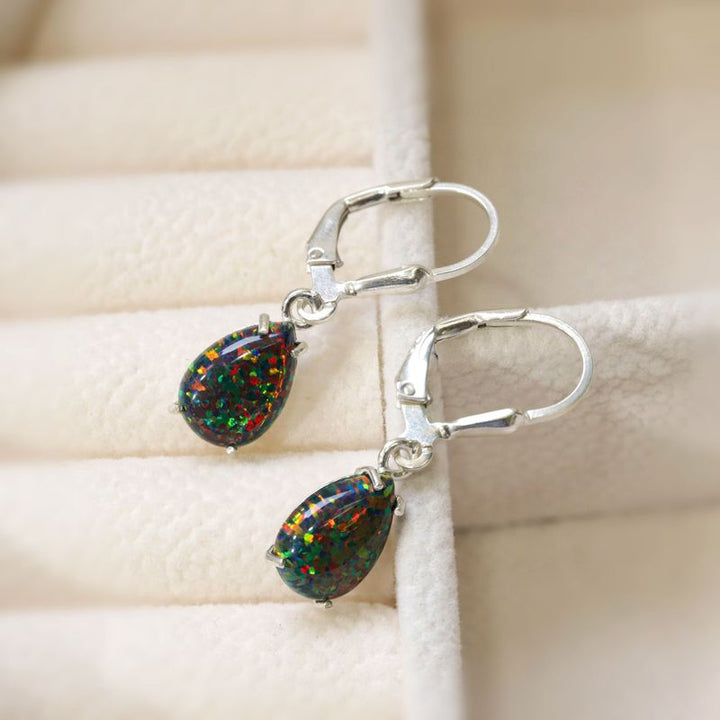 עגילי כסף אמיתי לברבק טיפה בשיבוץ אופל שחור