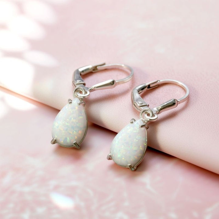 עגילי כסף אמיתי לברבק טיפה בשיבוץ אופל לבן