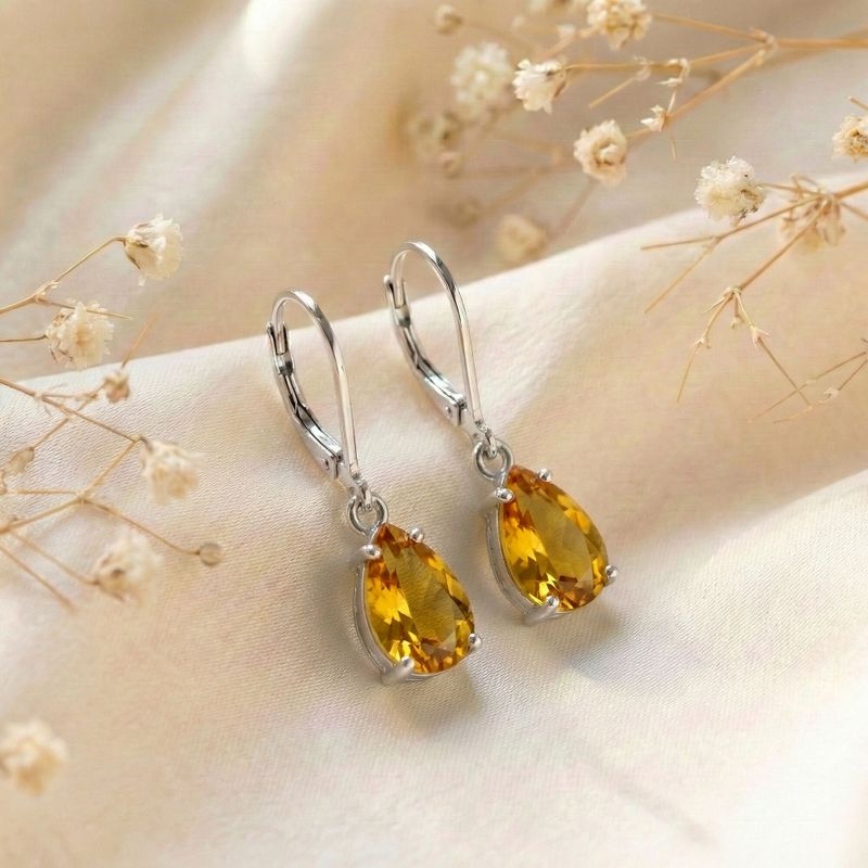 Серьги из натурального серебра для барбекю с каплей искусственного цитрина.