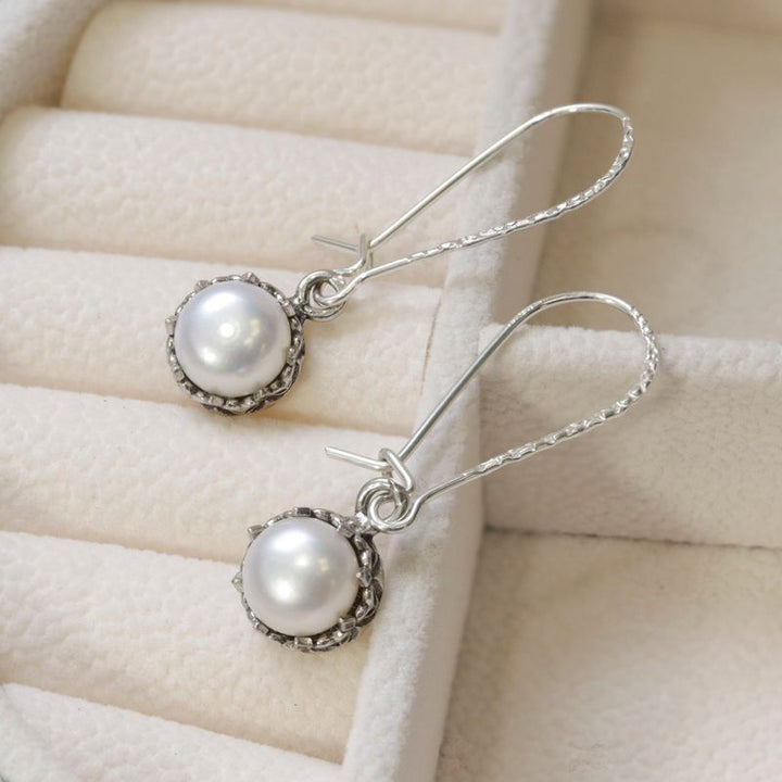 עגילי כתר תלויים כסף 925 פנינה