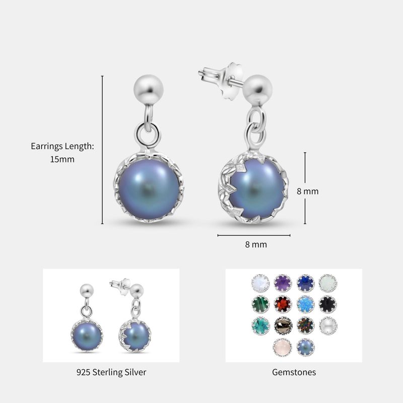 עגילי כסף תלויים פנינה שחורה 8 מ"מ מתלה כדור