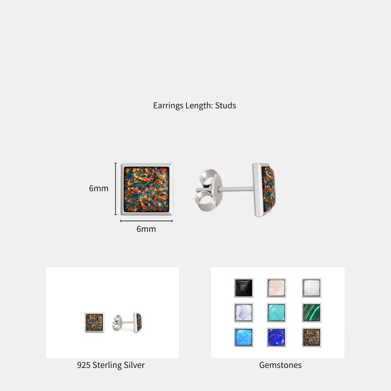 עגילים מרובעים צמודים מכסף אופל שחור