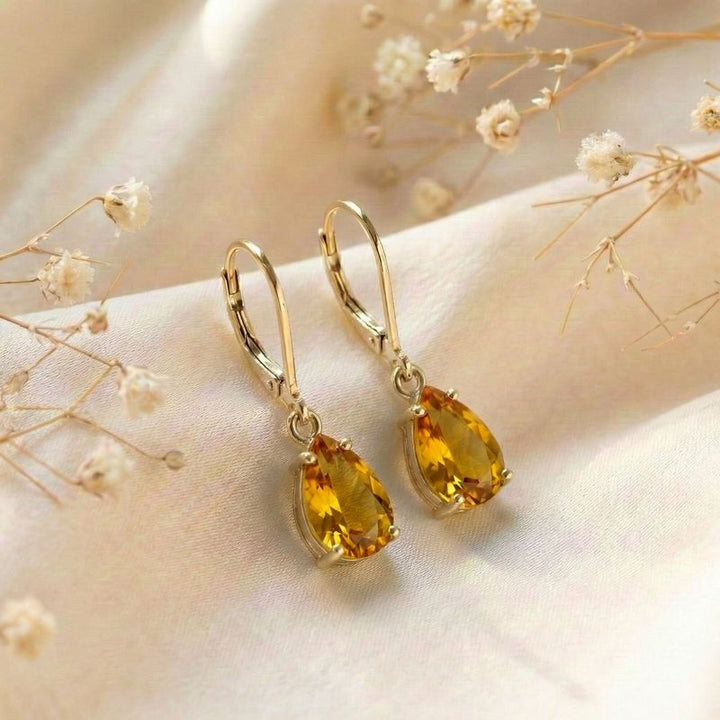 עגילי ציפוי זהב לברבק טיפה סיטרין מלאכותי