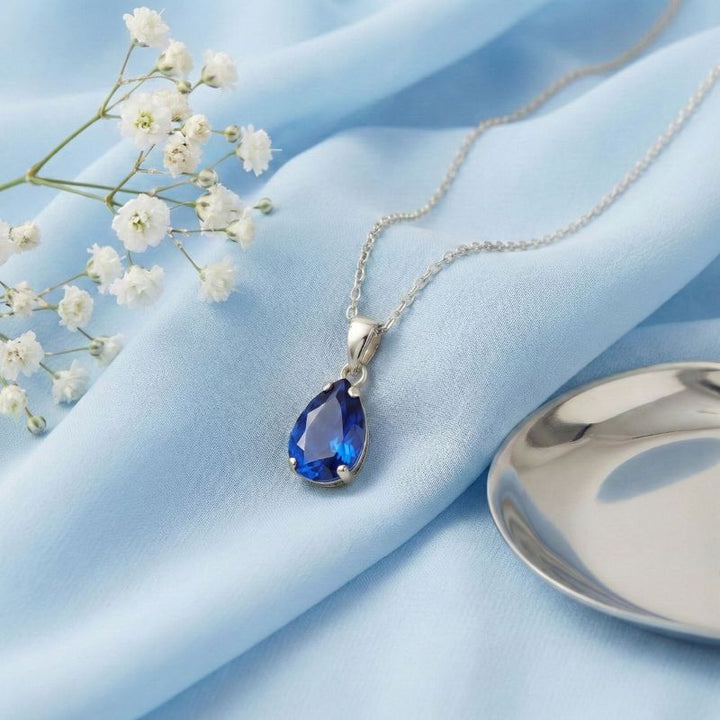 תליון טיפה זהב לבן 14 קראט ספיר מלאכותי