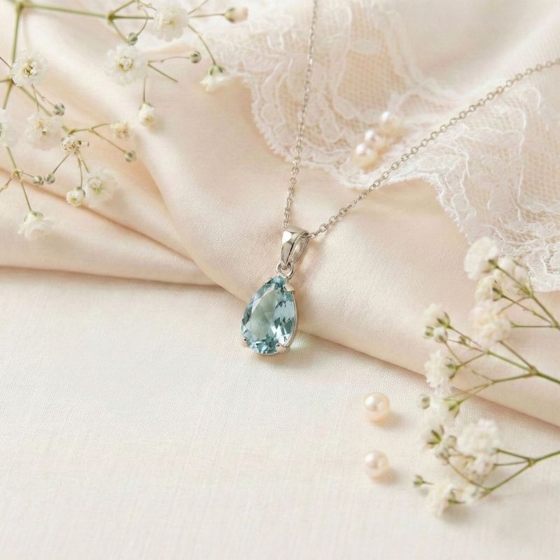 תליון טיפה זהב לבן 14 קראט אקווה מרין מלאכותי