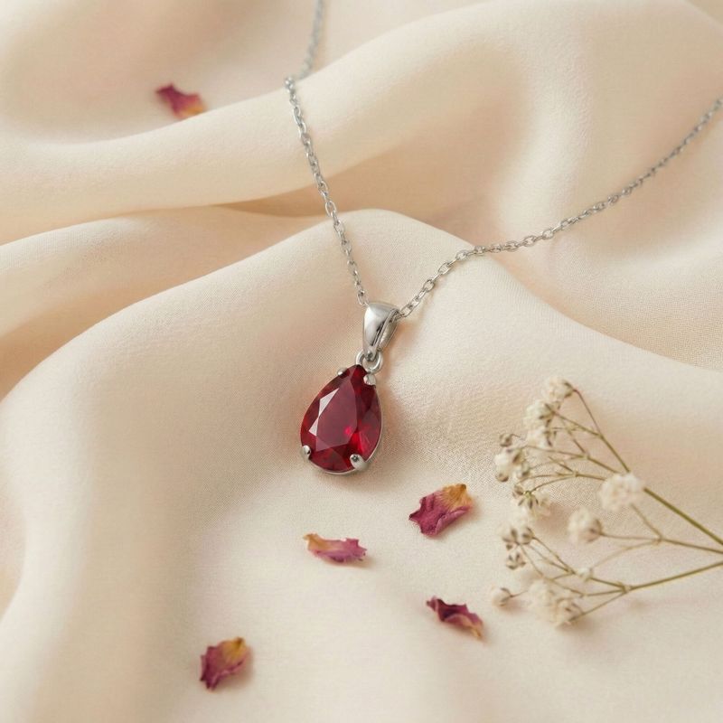 תליון טיפה זהב לבן 14 קראט רובי מלאכותי