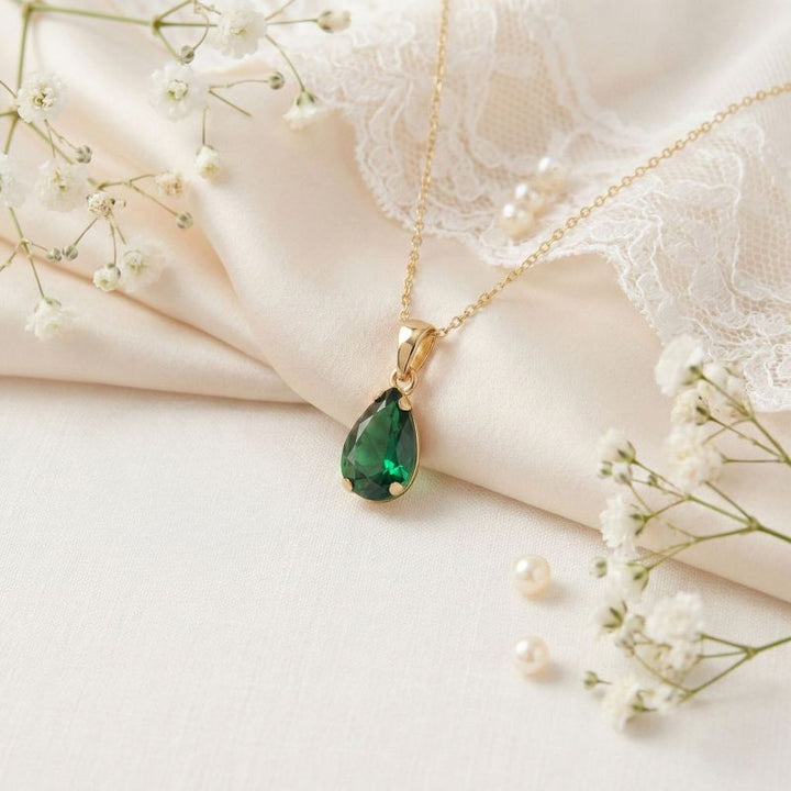 תליון טיפה זהב 14 קראט אמרלד מלאכותי