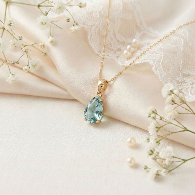 תליון טיפה זהב 14 קראט אקווה מרין מלאכותי