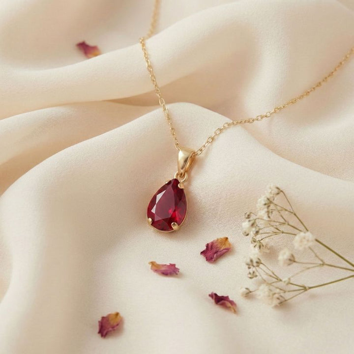 תליון טיפה זהב 14 קראט רובי מלאכותי