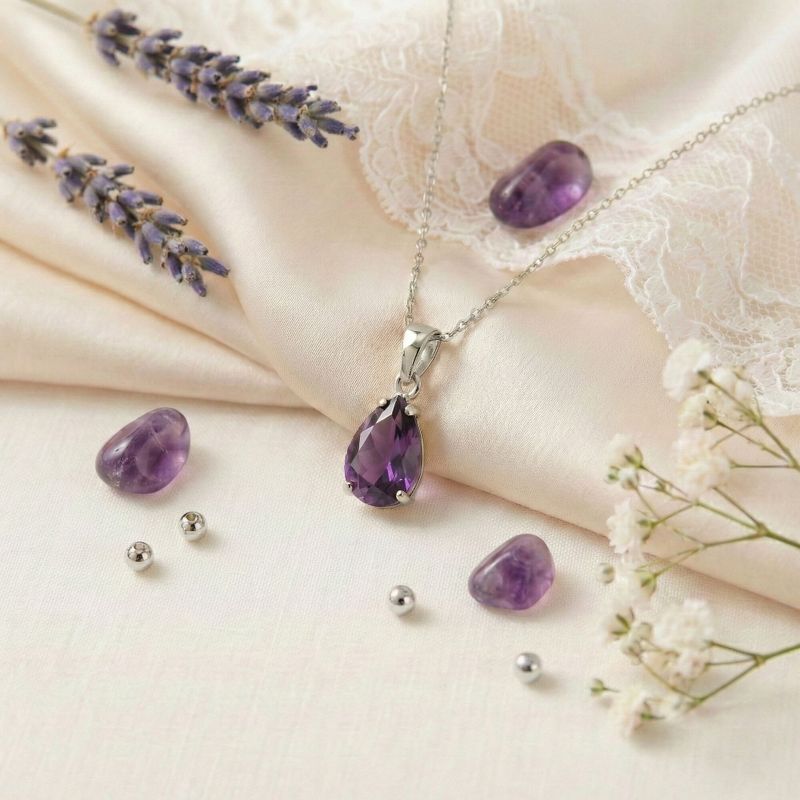 תליון טיפה זהב לבן 14 קראט אמטיס