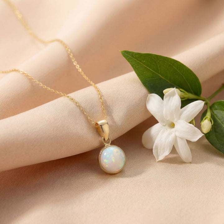 תליון עגול זהב 14 קראט אופל לבן