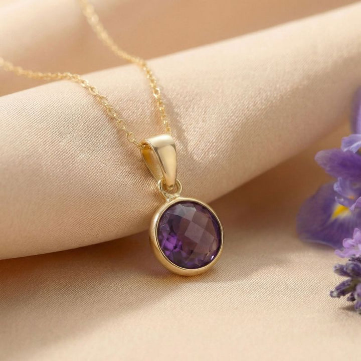 תליון עגול זהב 14 קראט אמטיסט